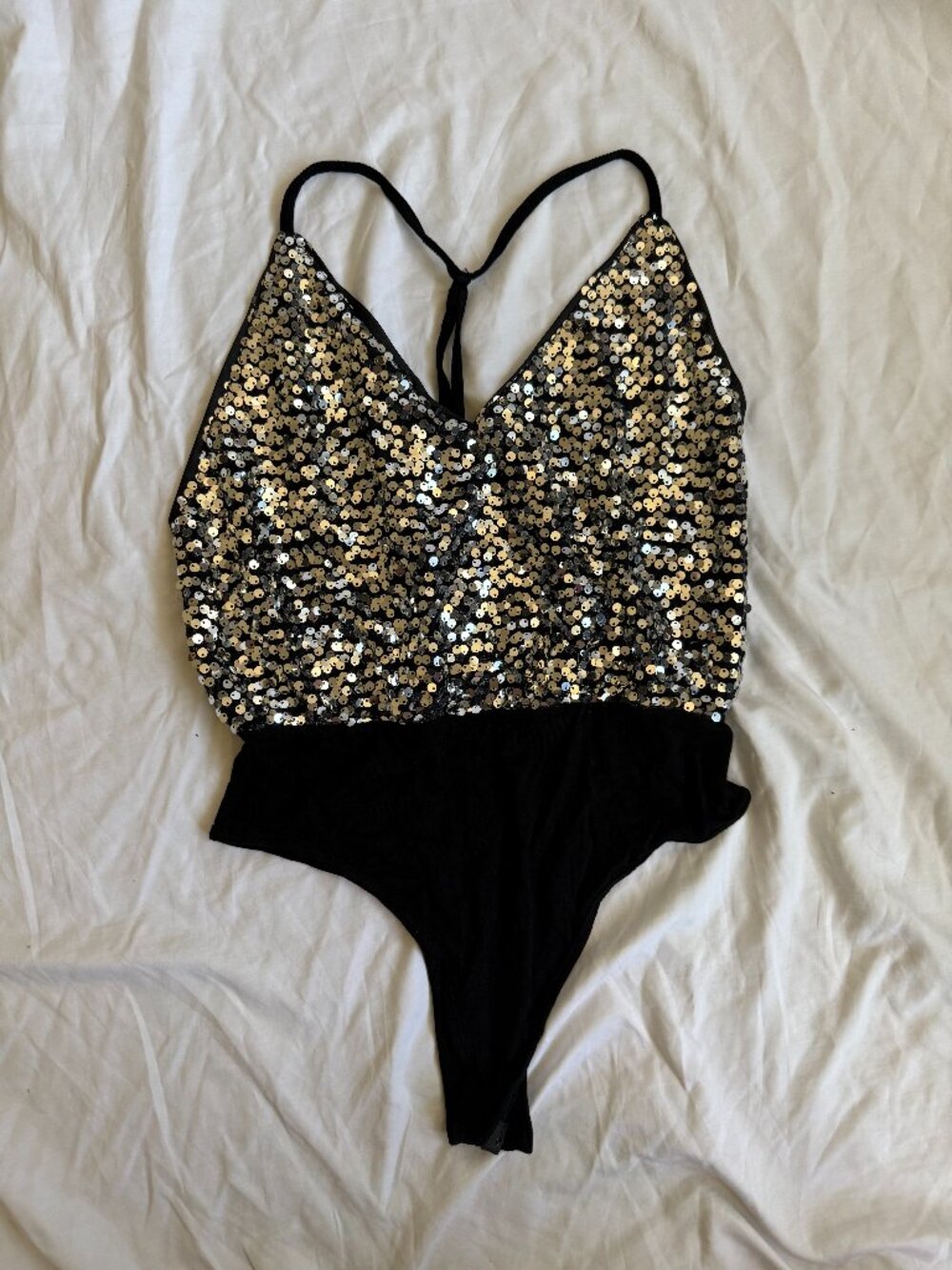 SHEIN Black Silver Sequin Cami Bodysuit Strappy Party Going Out Top